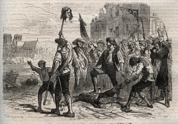 Révolution française : Mort de Jacques de Flesselles, comte de Brégy (1730-1789), administrateur français, prévôt des marchands sur les degrés de l
