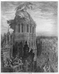 Gargantua sur les tours de Notre-Dame à Paris, illustration de «Gargantua» de François Rabelais (1494-1553), gravée par Pannemaker