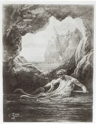Gilliatt lutte avec le poulpe géant, illustration des « Travailleurs de la mer » de Victor Hugo (1802-85), 1866