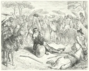 Don Quichotte de Gustave Doré: "Malgré ses armes, il le battit comme une gerbe de blé" (gravure)