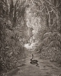 Illustration par Gustave Doré 1832-1883 artiste et illustrateur français pour Le Paradis perdu de John Milton Livre IX lignes 434 et 435