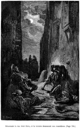 Illustration par Gustave Doré pour le roman de Théophile Gautier "Le Capitaine Fracasse" - Édition Charpentier 1883, pratiquement identique à la première édition illustrée par G. Doré chez le même éditeur en 1866. Chapitre "Épée, bâton et autres aventures"