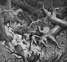 Illustration du "" Roland furieux "" (Orlando Furioso) de Ludovico Ariosto (Arioste) (1474 - 1533) : Roland, complètement furieux, détruit la forêt et les animaux. Ill. de Gustave Doré. Chant 24