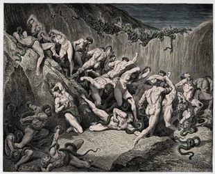 Enfer, chant 24 : Les voleurs tourmentés par des serpents, illustration de « La Divine Comédie » de Dante Alighieri, 1885