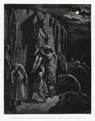 Les Jabesh-Gileadites récupèrent les corps de Saül et de ses fils, Illustration de la Bible de Doré