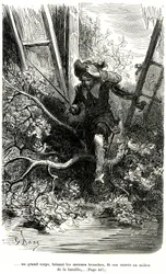 Jacquemin Lampourde, le pistolet à la main, arrive à un point dans la bataille. Gravure de Gustave Doré illustrant le roman picaresque de cape et d