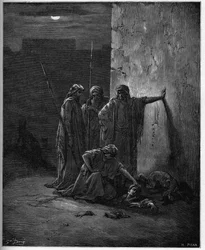 Les compagnons de Jéhu trouvant les restes de Jézabel - gravure sur bois pour la Bible par Gustave Doré - Les compagnons de Jéhu trouvent la tête et les extrémités de Jézabel - gravure dans « La Bible illustrée » par Gustave Doré (1832-1883) - Gravure tiré