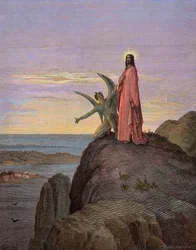 Jésus dans le désert, soumis à la tentation du diable - La tentation du Christ - Satan tenta Jésus - gravure de Gustave Doré - coloriage ultérieur