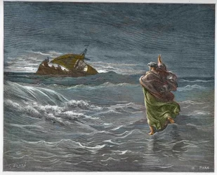 Jésus marchant sur les eaux du lac de Tibériade - Jésus marchant sur la mer - gravure dans « La Bible illustrée » par Gustave Doré (1832-1883) - Gravure de « La Bible de Doré »