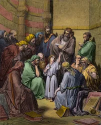 Jésus parmi les docteurs au Temple - gravure de Gustave Doré (1832-1883) - coloration ultérieure