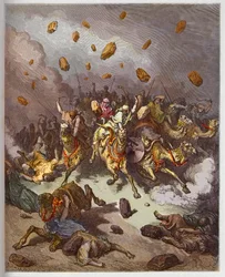 Victoire de Josué sur les Amorites - gravure dans « La Bible illustrée » par Gustave Doré (1832-1883) - Gravure de « La Bible de Doré »