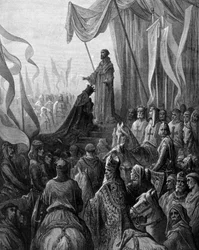 Louis VII (1120 - 1180) agenouillé devant Saint Bernard de Clairvaux (San Bernardo di Chiaravalle) à Vézelay. Gravure de Gustave Doré. 19ème siècle