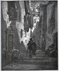 Luscinde envoie un billet à Cardenio - de « Don Quichotte de la Manche » par Miguel Cervantes (1547-1616) - Gravure sur bois d