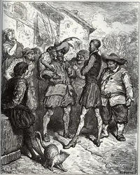 Maese Pedro et le singe devin - de «Don Quichotte de la Manche» par Miguel Cervantes (1547-1616) - Gravure sur bois d