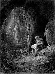 Merlin découvert par les officiers du roi Arthur dans la forêt de Brocéliande (Cycle des chevaliers de la Table Ronde) - dans "Viviane" par Alfred Tennyson, illustration par G. Doré