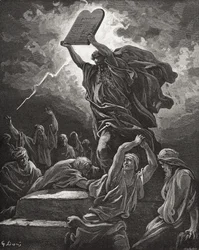 Moïse brisant les Tables de la Loi, Exode 32:19, illustration de « La Sainte Bible » de Doré, gravée par Hotelin, 1866