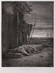 Scandale à Guibea, le Lévite emporte sa concubine morte, Illustration de la Bible de Doré