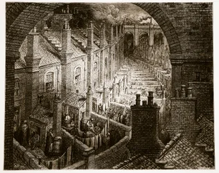 Au-dessus de Londres - En chemin de fer, extrait de « Londres, un pèlerinage », écrit par William Blanchard Jerrold (1826-94) et gravé par Pannemaker, publié en 1872