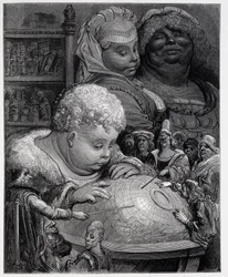 Pantagruel suivant un cours de géographie - dans « Gargantua » par Rabelais, ill. Gustave Doré