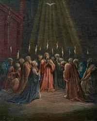 Pentecôte, la descente du Saint-Esprit, gravure de Gustave Doré (1832-1883), coloriage ultérieur