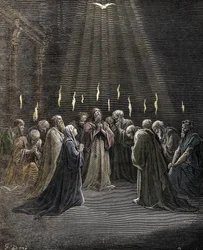 Pentecôte, descente du Saint-Esprit sur les Apôtres et les autres disciples de Jésus-Christ. Gravure de Gustave Doré (1832-1883) tirée de «La Bible». Collection privée