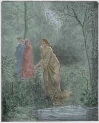 Purgatoire, chant 27 : le rêve de Dante de Léa dans le pré, illustration de « La Divine Comédie » de Dante Alighieri, 1885