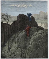 Purgatoire, Chant 4 : Virgile guide Dante sur le flanc escarpé de la montagne, illustration de "La Divine Comédie" de Dante Alighieri