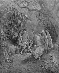 Raphaël parle à Adam et Ève. Illustration pour « Le Paradis perdu » de John Milton, 1866