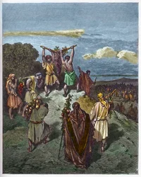 Retour de la terre de Canaan - Josué et Caleb reviennent avec une énorme grappe de raisin de la terre de Canaan, la Terre promise - gravure dans «La Bible illustrée» de Gustave Doré (1832-1883) - gravure tirée de «The Doré Bible»