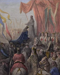 Saint Bernard de Clairvaux (San Bernardo di Chiaravalle, Bernard de Fontaine 1090-1153) prêchant la deuxième croisade en présence du roi Louis VII et de la reine Aliénor d