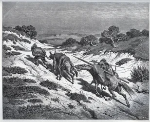 Sancho Panza, Don Quichotte et leurs montures après leur défaite contre les Yangers - extrait de « Don Quichotte de la Manche » de Miguel de Cervantes (1547-1616) - Gravure sur bois d