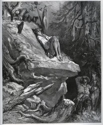 Sancho Panza retrouve son maître, toujours en pénitence - de "Don Quichotte de la Manche" par Miguel Cervantes - Gravure sur bois d