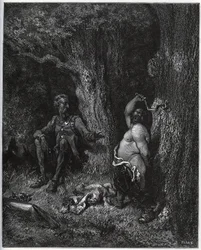 Sancho Panza vole devant Don Quichotte pour accomplir le souhait de Merlin et ainsi désenchanter Dulcinée du Toboso. Don Quichotte l