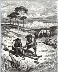 Sancho et le cousin tirent Don Quichotte (endormi) de la grotte de Montesinos - de « Don Quichotte de la Manche » par Miguel Cervantes (1547-1616) - Gravure sur bois d