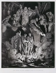 Shadrach, Meshach et Abednego dans la fournaise ardente, Illustration de la Bible de Doré