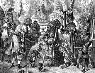 Sindbad le marin - conte des mille et une nuits - illustration de Gustave Doré (détail) - édition Maxwell 1865 - Prologue : un pauvre porteur (Hinbad) se présente devant Sindbad, devenu vieux et riche. Ce dernier va lui raconter...