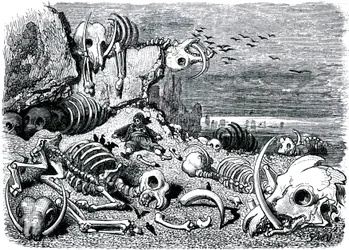 Sindbad le marin - conte des mille et une nuits - illustration de Gustave Doré - édition Maxwell 1865 - Septième et dernier voyage : le cimetière des éléphants où Sindbad récupérera les défenses en ivoire