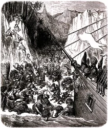 Sindbad le marin - conte des mille et une nuits - illustration de Gustave Doré - Troisième voyage : une tempête jette le navire de Sindbad et de ses compagnons sur une île où ils sont assaillis par une multitude de petits êtres hideux