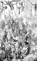 Sindbad le marin - conte des mille et une nuits - illustration de Gustave Doré - édition Maxwell 1865 - Sixième voyage - cette gravure peut représenter la cour du roi de Serendib ou celle du calife Haroun al-Rachid