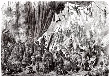 Sindbad le marin - conte des mille et une nuits - illustration de Gustave Doré - édition Maxwell 1865 - Sixième voyage : la cour du roi de Serendib
