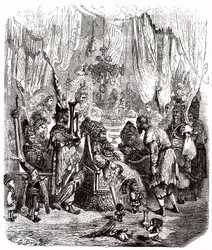 Sindbad le marin - conte des mille et une nuits - illustration de Gustave Doré - édition Maxwell 1865 - Prologue : un pauvre porteur (Hinbad) se présente devant Sindbad, devenu vieux et riche. Ce dernier racontera ses aventures