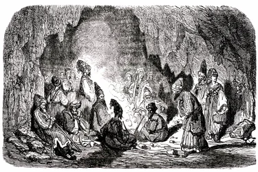 Sindbad le marin - conte des mille et une nuits - illustration de Gustave Doré - édition Maxwell 1865 - Premier voyage : Sindbad, abandonné au milieu de la mer par ses compagnons, atteint une île et rencontre dans une grotte le palefrenier