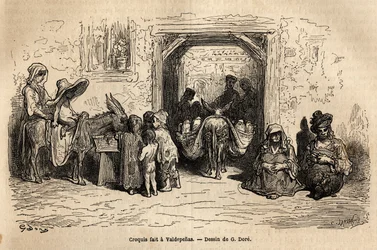 Croquis pris sur le vif : mendiants à Valpadenas (Canal). Gravure pour illustrer le voyage en Espagne par Gustave Doré (1832-1883) illustrateur et le Baron Ch. Davillier rédacteur, en 1862, publié dans « Le tour du monde, nouveau journal des voyages »