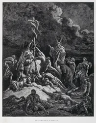 Alors Moïse fit un serpent de bronze et le mit sur un poteau. Nombres 21:7, Illustration de la Bible de Doré
