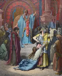 Le jugement de Salomon - Salomon rend le jugement de partager le bébé entre les deux réclamantes - Gravure de Gustave Doré (1832-1883) - coloration ultérieure