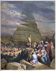 Tour de Babel - Illustration de la Genèse et de la confusion des langues par Yahweh. À droite, le roi Nimrod, aussi appelé Nemrod, discute avec les architectes - gravure dans « La Bible illustrée » de Gustave Doré (1832-1883) - gravure tirée de « Th »