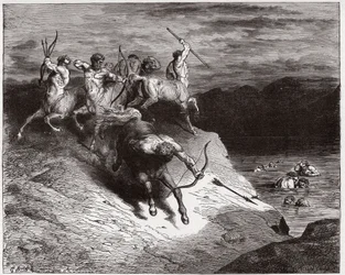 La Divine Comédie, Inferno, Chant 12 : Les centaures attaquent les âmes dans le sang bouillant - par Dante Alighieri (1265-1321) - Illustration par Gustave Doré (1832-1883)