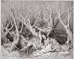 La Divine Comédie (La Divina Commedia, La Divine Comédie), Enfer, Chant 13 : Les suicidés fuient la forêt - de Dante Alighieri (1265-1321) - Illustration de Gustave Doré (1832-1883)