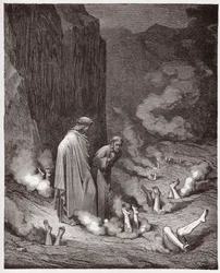 La Divine Comédie, Enfer, Chant 19: Dante réprimande le pape Nicolas III dans la quatrième bolgia - Illustration de Gustave Doré