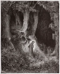 La Divine Comédie (La Divina Commedia, La Divine Comédie), Enfer, chant 1 : Dante dans la forêt sauvage - de Dante Alighieri (1265-1321) - Illustration de Gustave Doré (1832-1883)